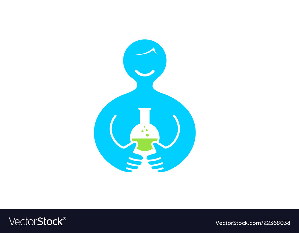 Abstract body holding blue science beaker logo.