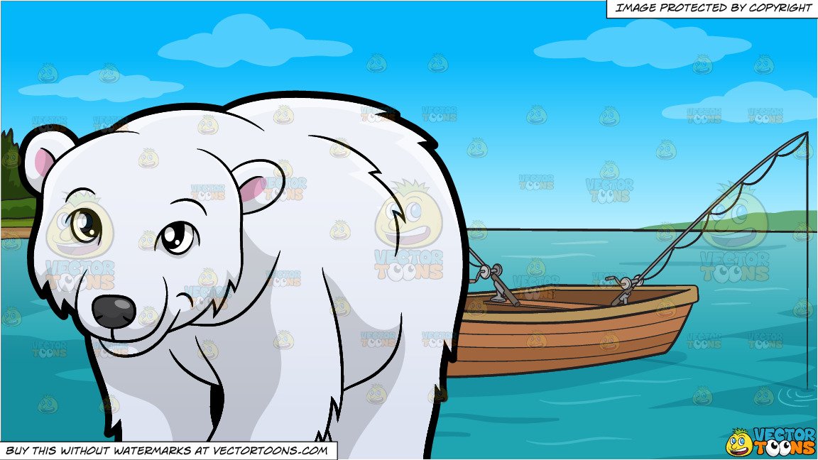A Friendly Looking Polar Bear and Fishing Boat On The Lake Background.