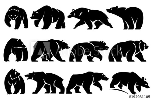 Illustration of stylized bears in profile. Black silhouette.