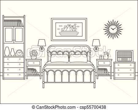 Bedroom interior. Hotel room with double bed. Vector illustration..
