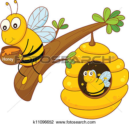 Clipart of A bee holding a pot of honey near the beehive k18360895.
