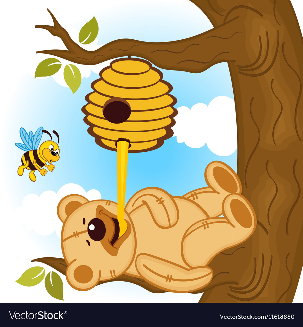 Teddy bear eats honey bee.