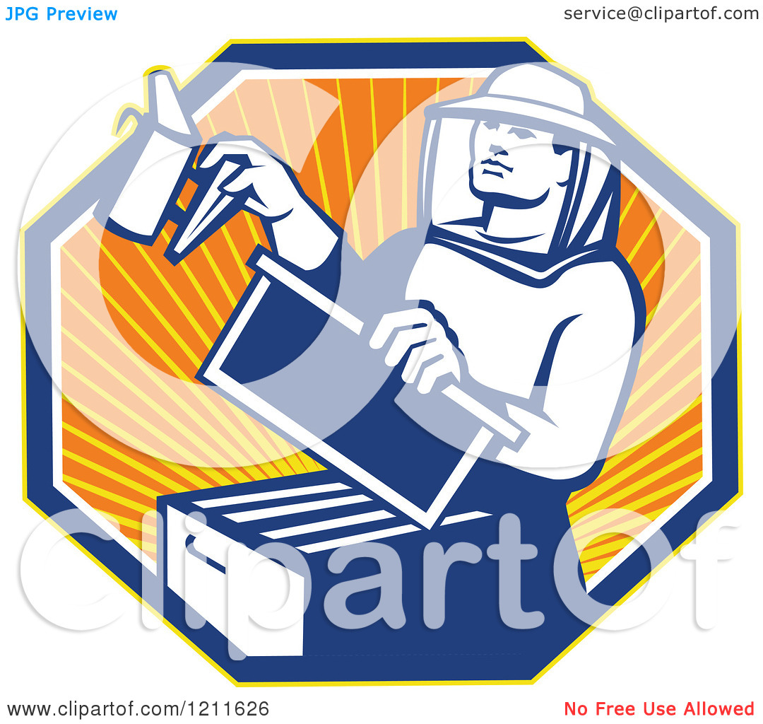 Clipart of a Retro Bee Keeper Holding a Smoker over an Octagon of.