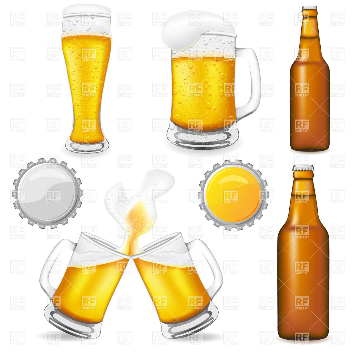 Brown beer bottle, glass and mugs Vector Image #19769.