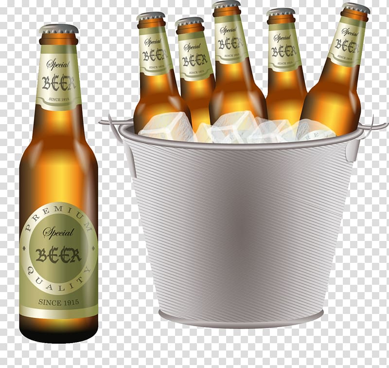 Six Beer bottles with silver bucket illustration, Beer.