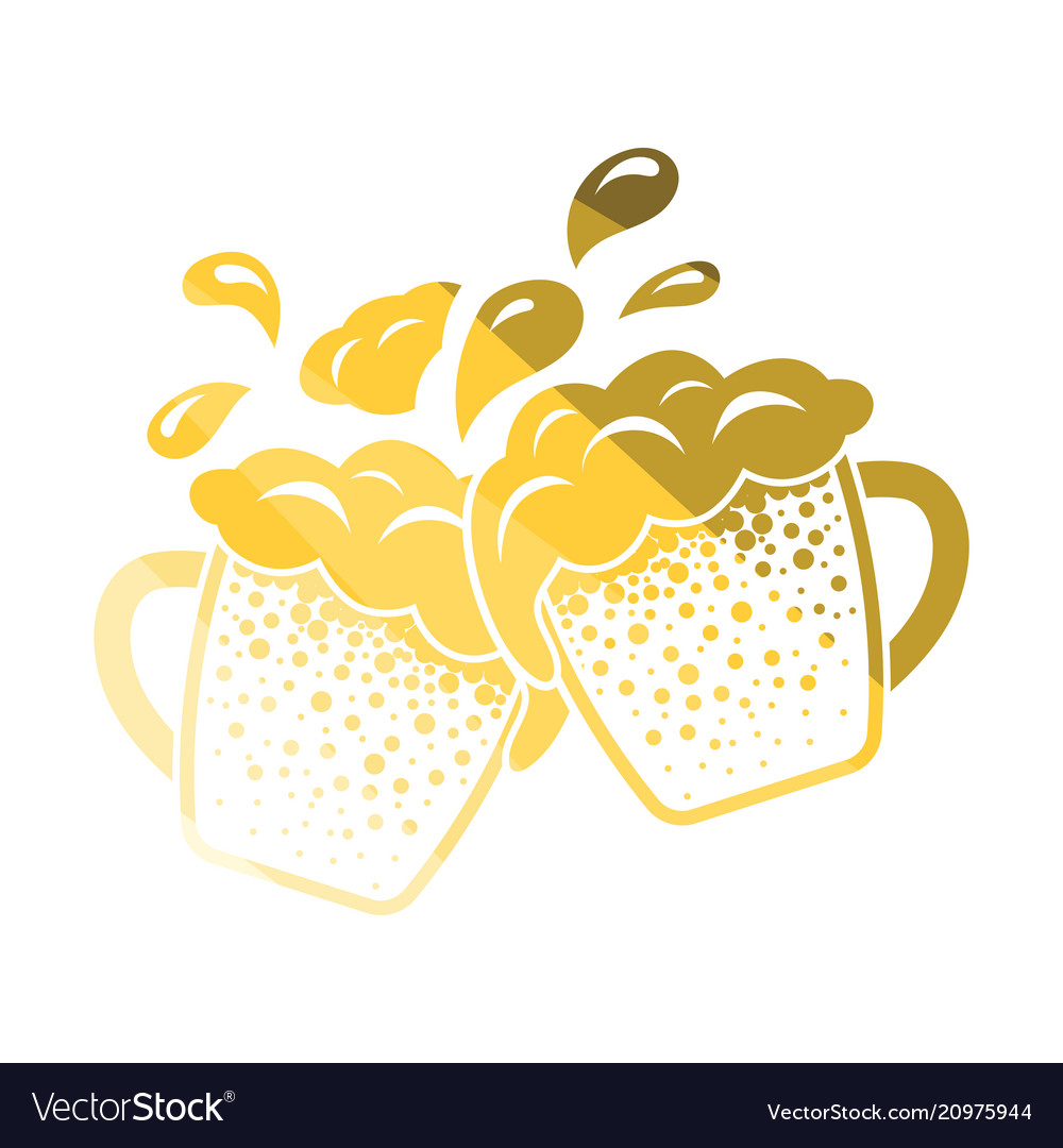 Two clinking beer mugs with fly off foam icon.