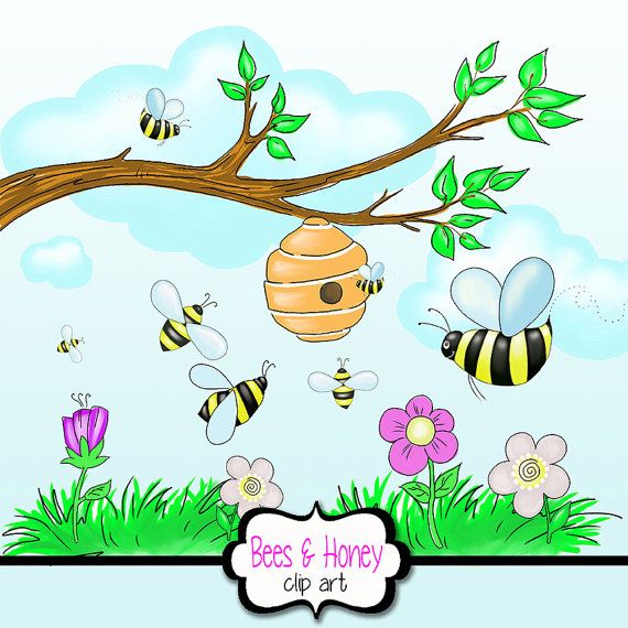 Honey Bee Clipart with Beehive + Flowers+ tree Branch +.