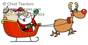 Clipart Image of A Waving Santa Sitting In a Sleigh Being Pulled.