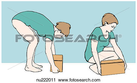Clipart of Illustration of woman lifting box from floor. Left.