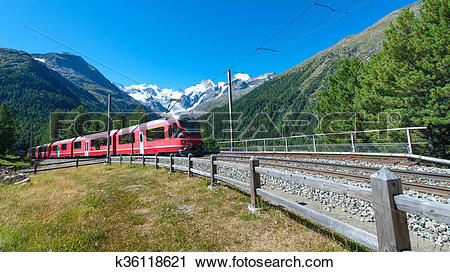 Stock Photography of Swiss mountain train Bernina Express crossed.