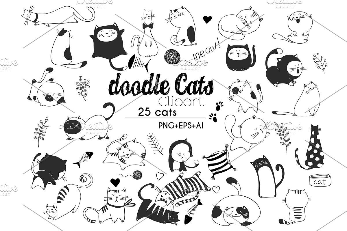 Doodle Cats HandDrawn vector clipart.