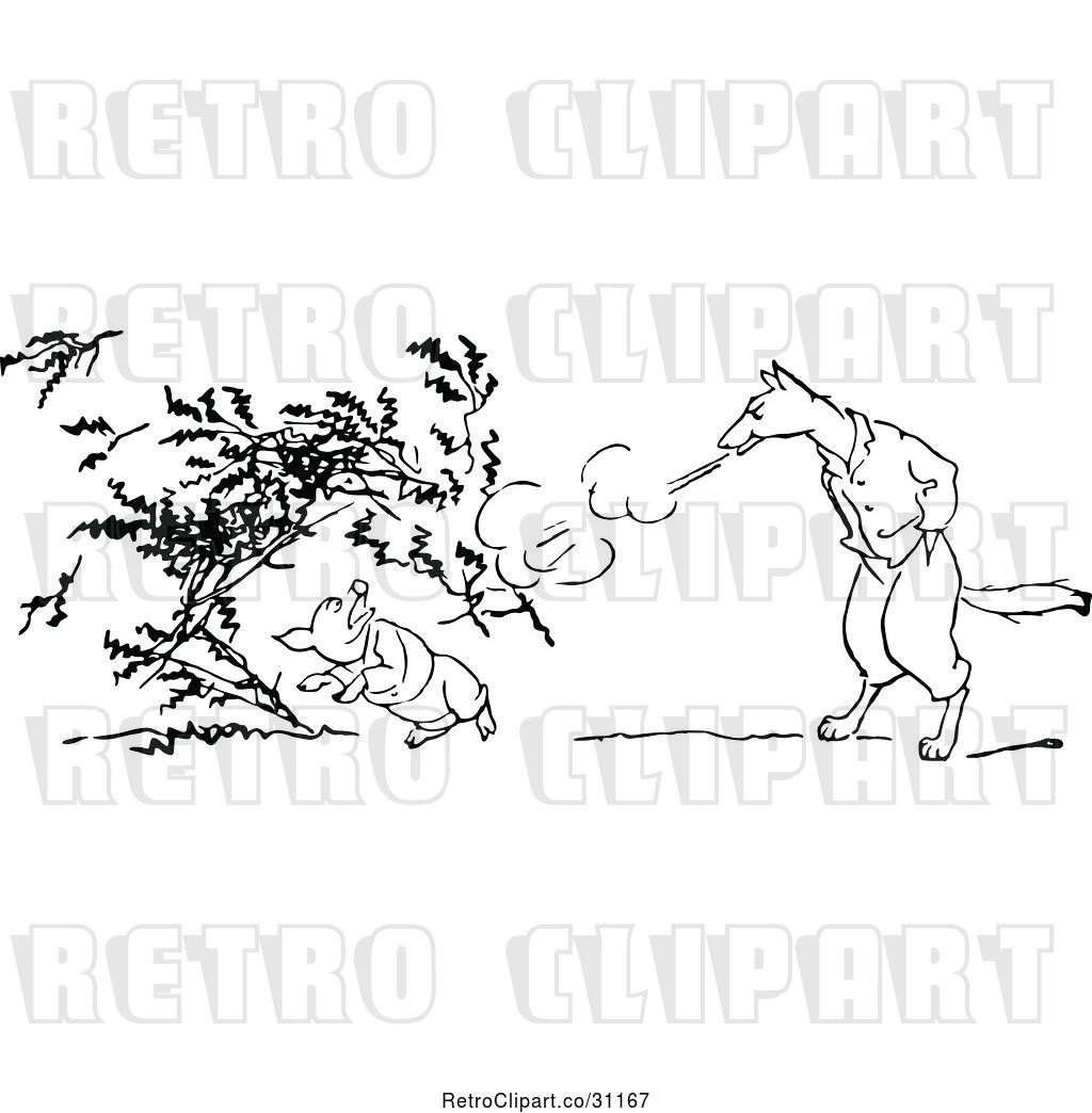 Vector Clip Art of Retro Big Bad Wolf Blowing down a Pigs.