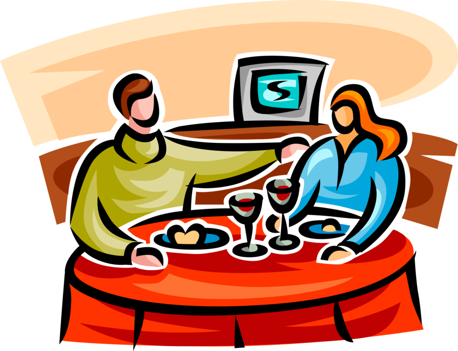 Vector Illustration Of Dining Couple Eat Meal At Restaurant.