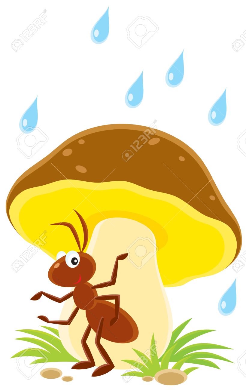 Ant Sitting Under A Big Mushroom In The Rain Royalty Free Cliparts.