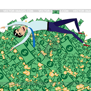 Happy businessman lying on big pile of money.