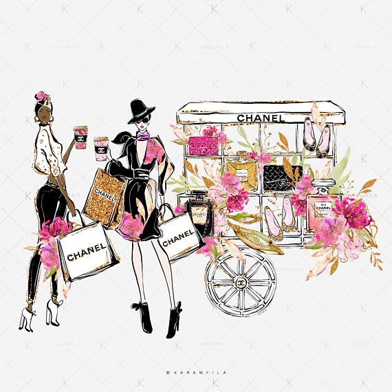 Spring Fashion Clipart, Paris Flower Cart Clip Art, Hot Pink.
