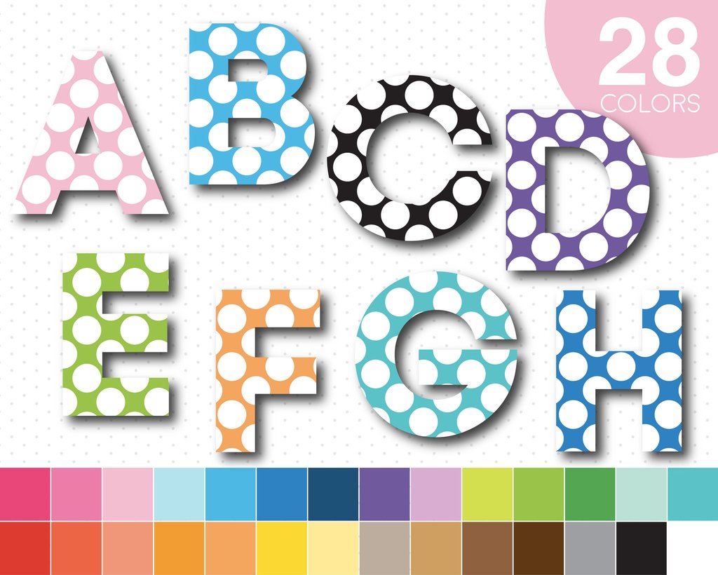 Big polka dots rainbow alphabet clipart with numbers, AL.