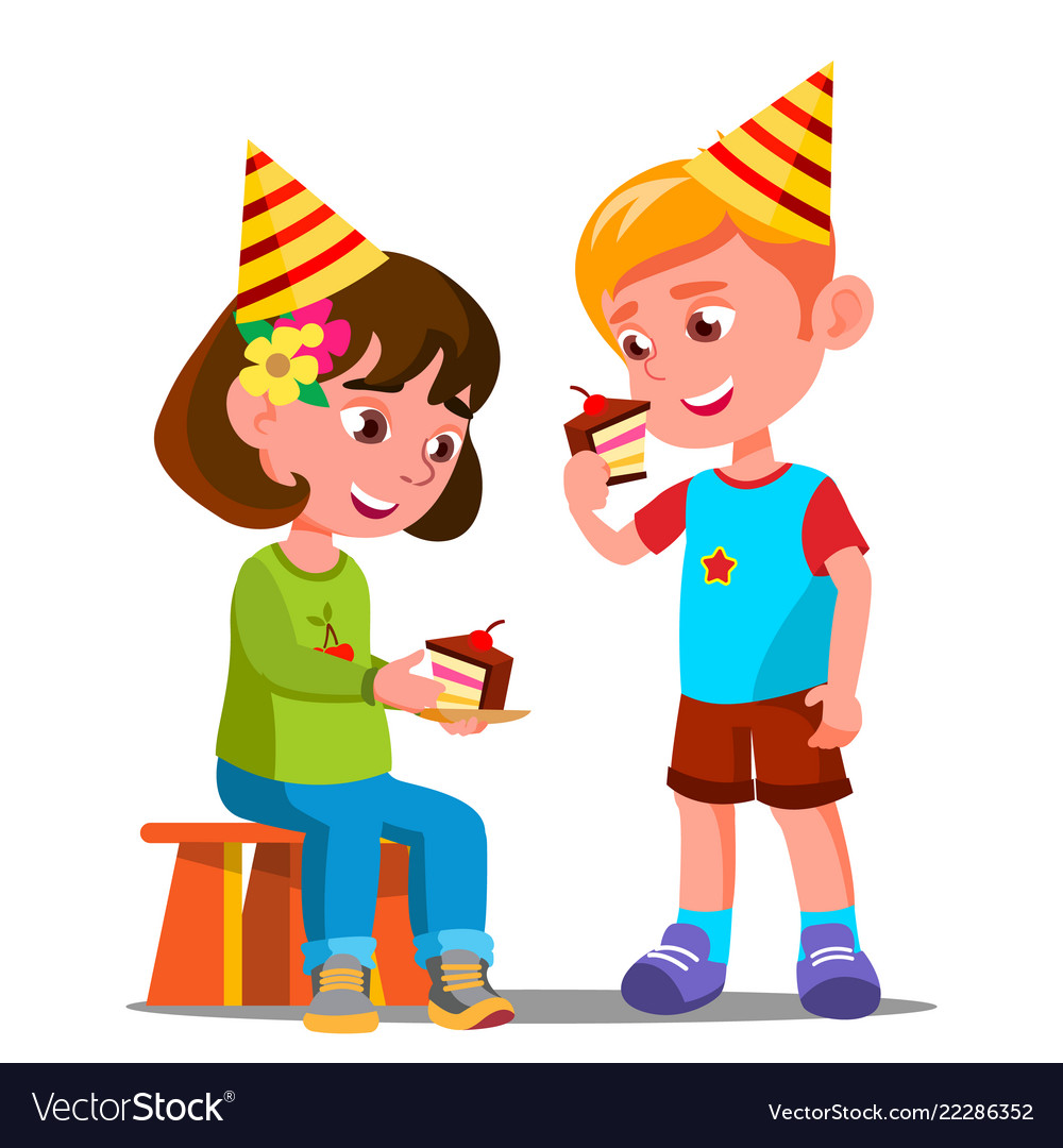 Happy children eating a birthday cake.