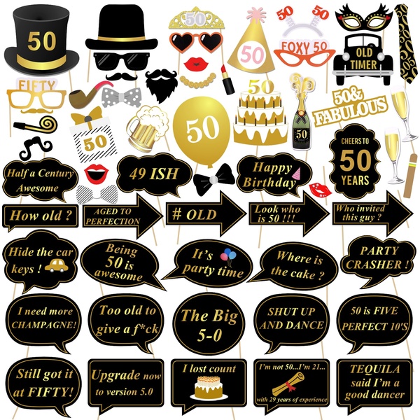 50th Birthday Photo Booth Props, Konsait 50 Black and Faux Gold Happy  Birthday Decorations DIY Photo Booth Prop Kits with Stick for Birthday  Party.