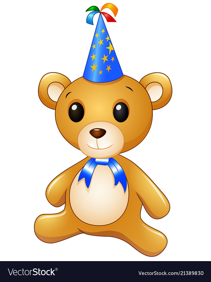 Teddy bear cartoon celebrating birthday.