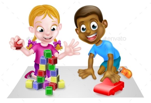 Cartoon Boy and Girl Playing with Car and Blocks #Girl, #Boy.