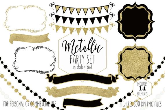 BLACK & GOLD METALLIC Clipart for Commercial Use Clip Art Bunting Banner  Frames Fairy Light Strand Party Wedding Invitation Digital Graphics.