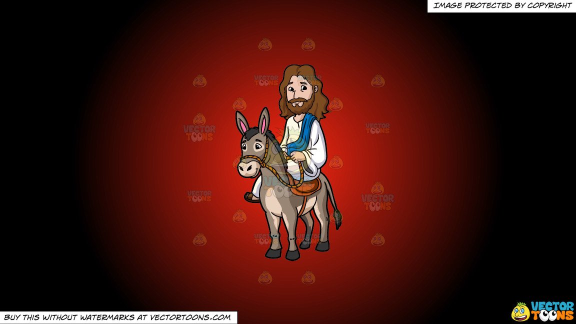 Clipart: Jesus Riding A Donkey on a Red And Black Gradient Background.