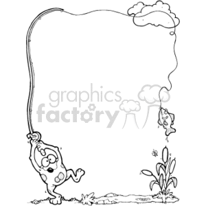 black and white frog fishing border clipart. Royalty.
