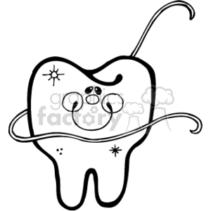 Black and white tooth with dental floss clipart. Royalty.