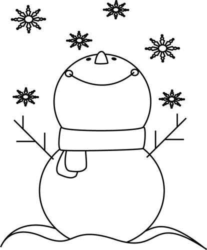 Black and White Snowman Catching Snowflakes Clip Art.