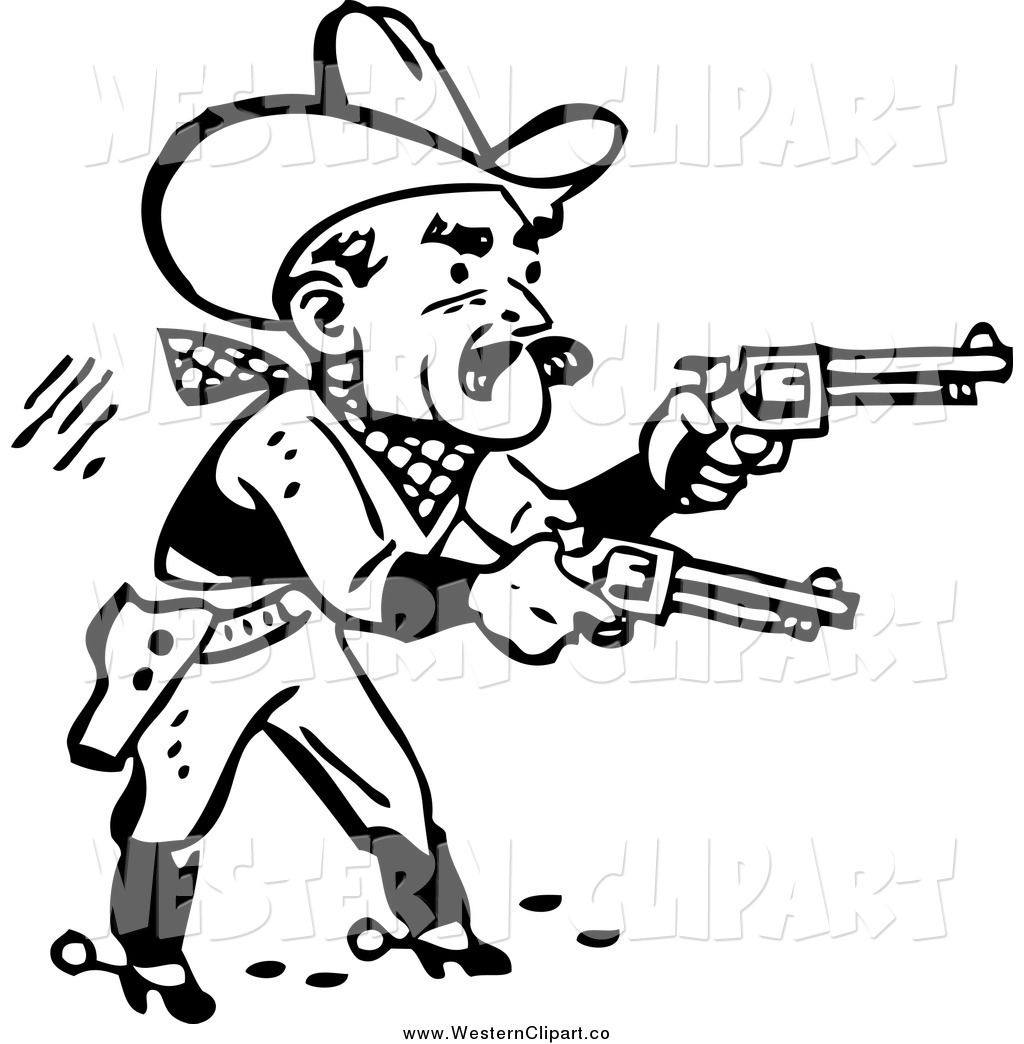 Vector Clip Art of a Black and White Retro Cowboy Shooting Pistols.