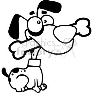 Black and white dog with bone in mouth clipart. Royalty.