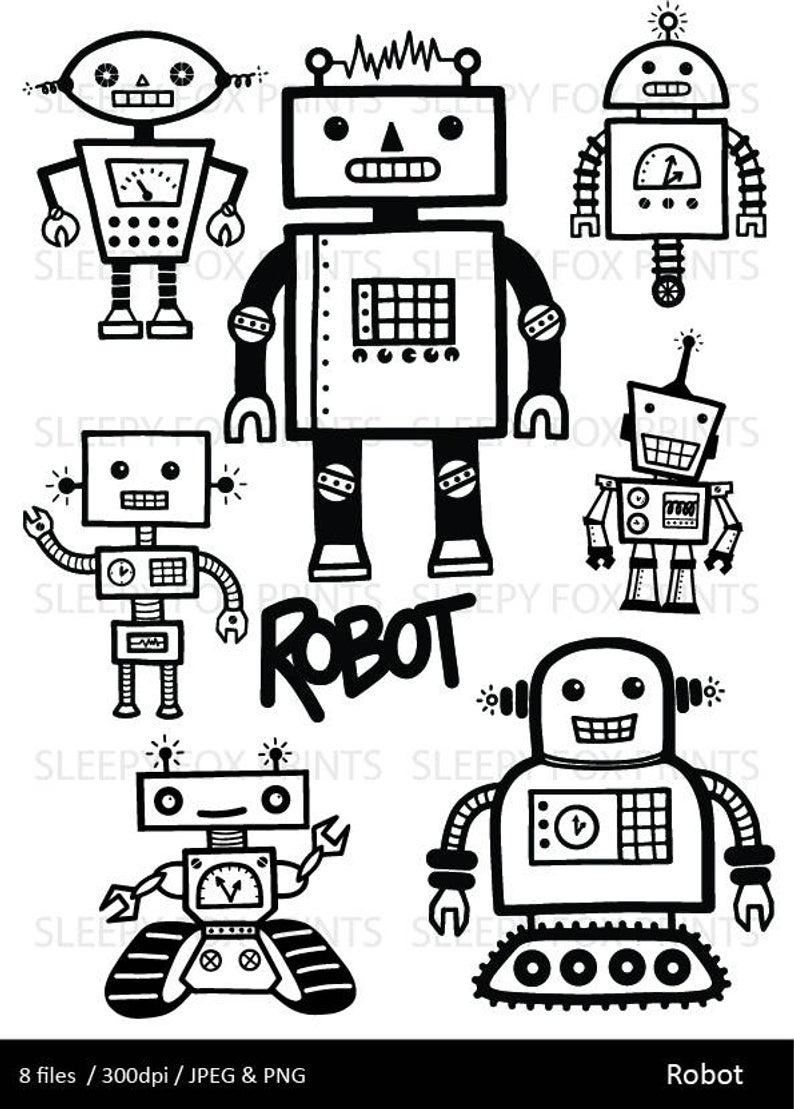 Robot Clipart, Digital Robots Clip Art, Birthday Clipart, Robot Party,  Retro Robot Clip Art.