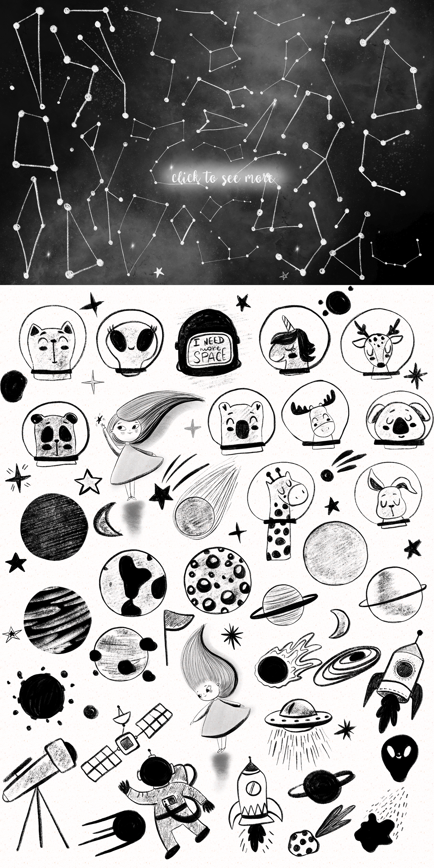 Welcome to Space clipart.Galaxy set with hand drawn elements.