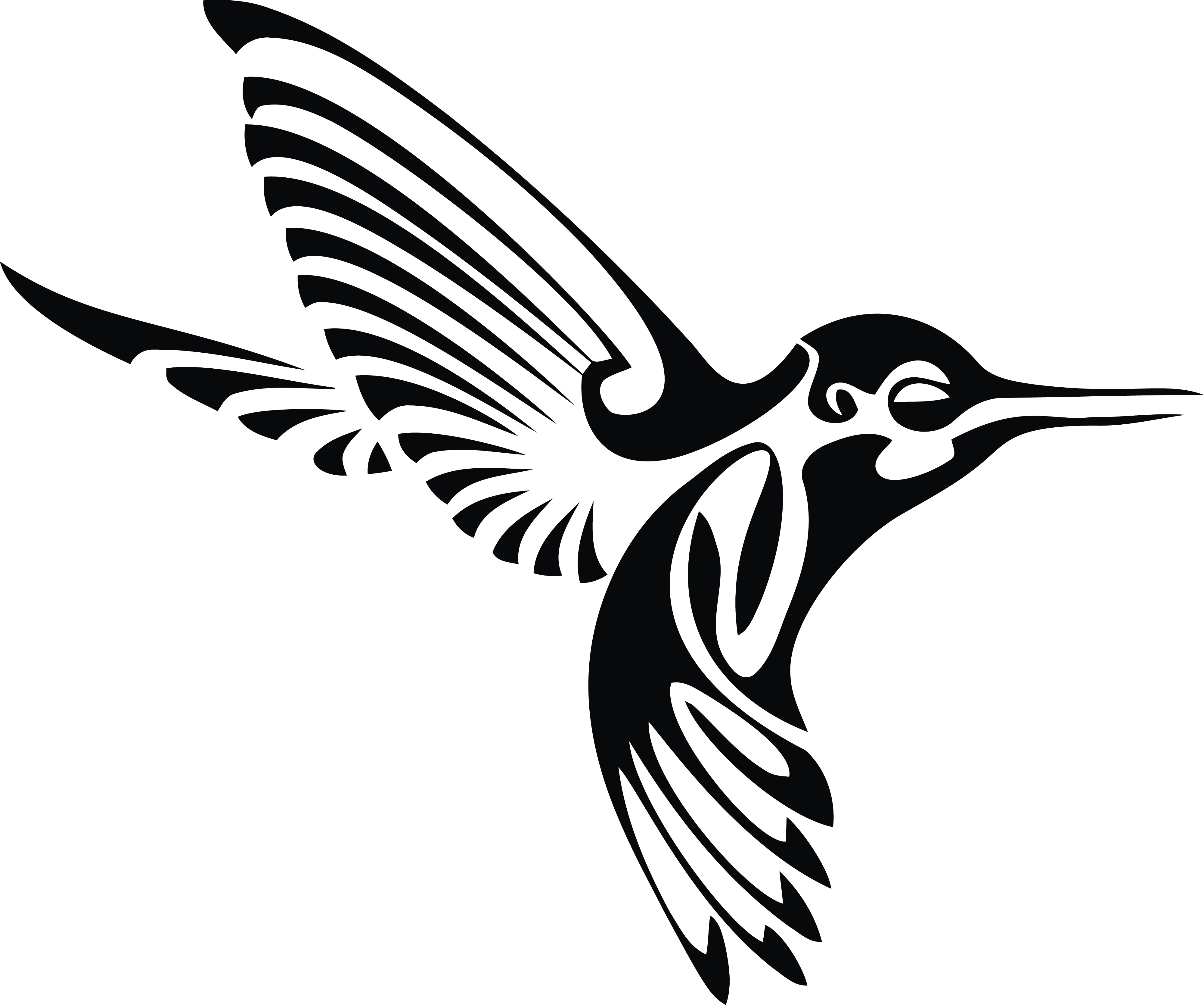 Free Clipart Of A black and white tribal hummingbird in flight.