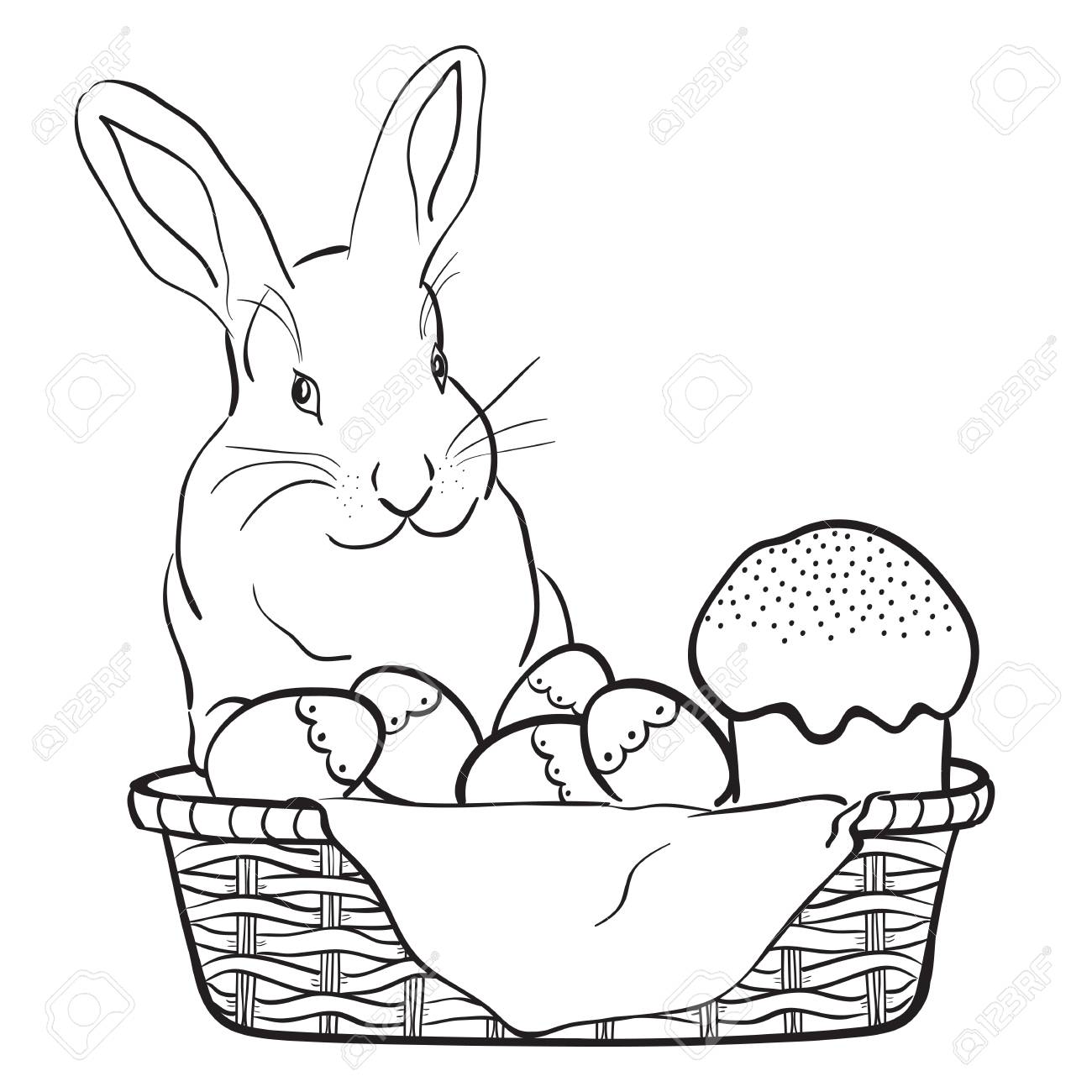 Easter rabbit, basket, eggs and cake.Black and white vector illustration..