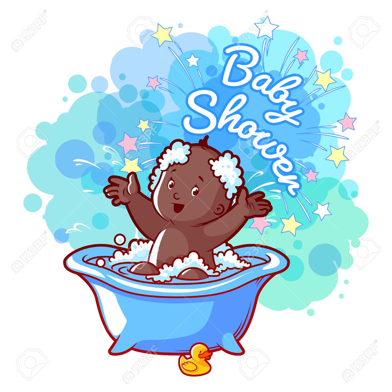 Baby Shower card with cute african american baby boy in bath.