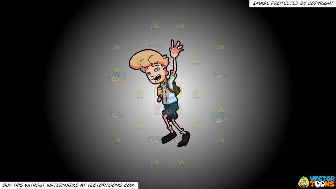 Clipart: A Male Student Waving Goodbye To His Friends In School on a White  And Black Gradient Background.