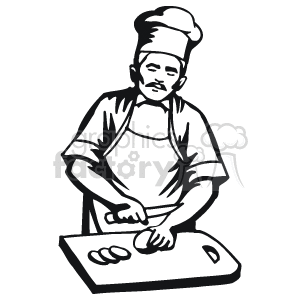 Black and white male chef slicing on a cutting board clipart. Royalty.