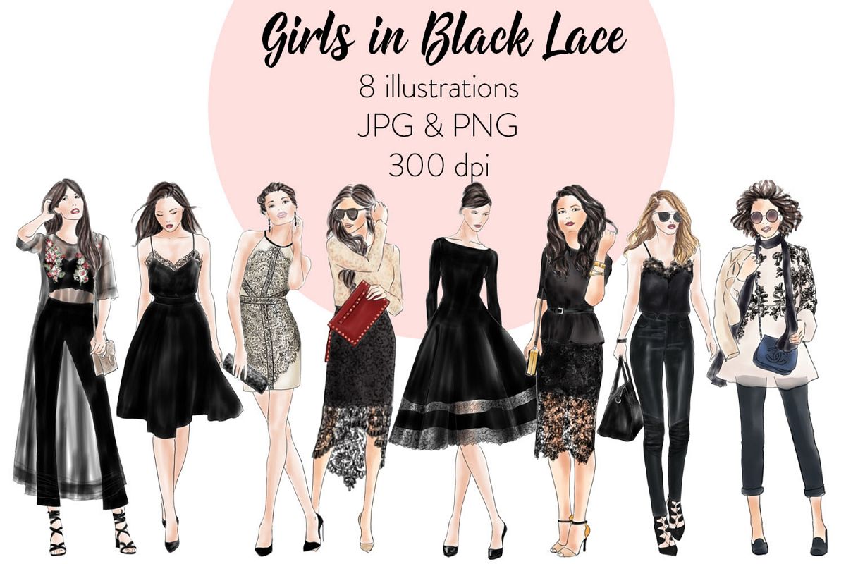 Girls in Black Lace watercolour fashion illustration clipart.