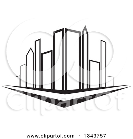 Clipart of a City Street Corner with Black and White Skyscraper.