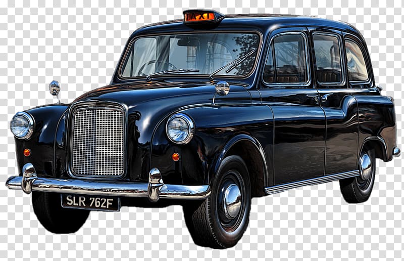 Black taxi, Shiny UK Black Cab transparent background PNG clipart.