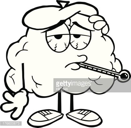 Black and White Sick Brain With Thermometer Clipart Image.