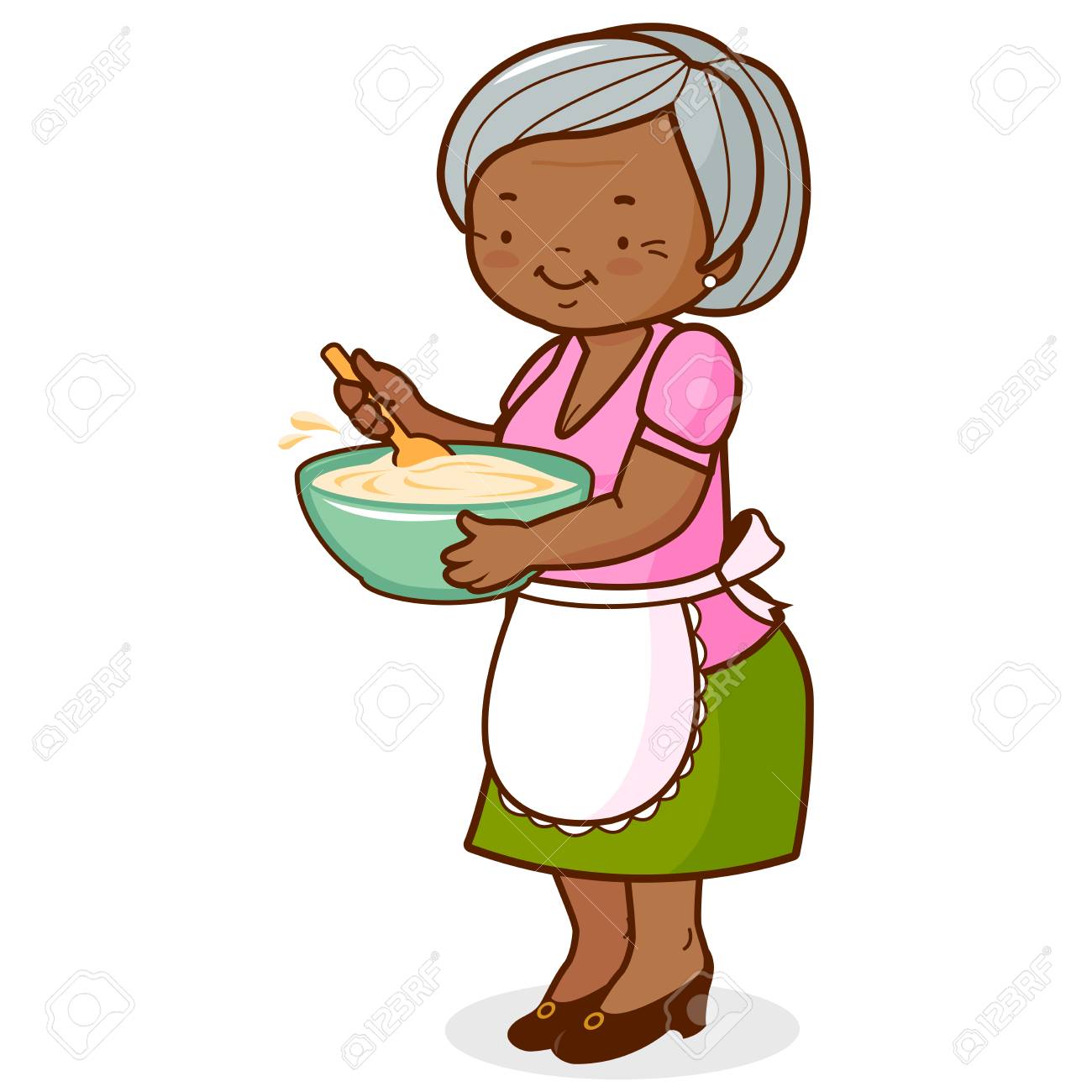 An old black woman, holding a bowl and cooking. Vector illustration.