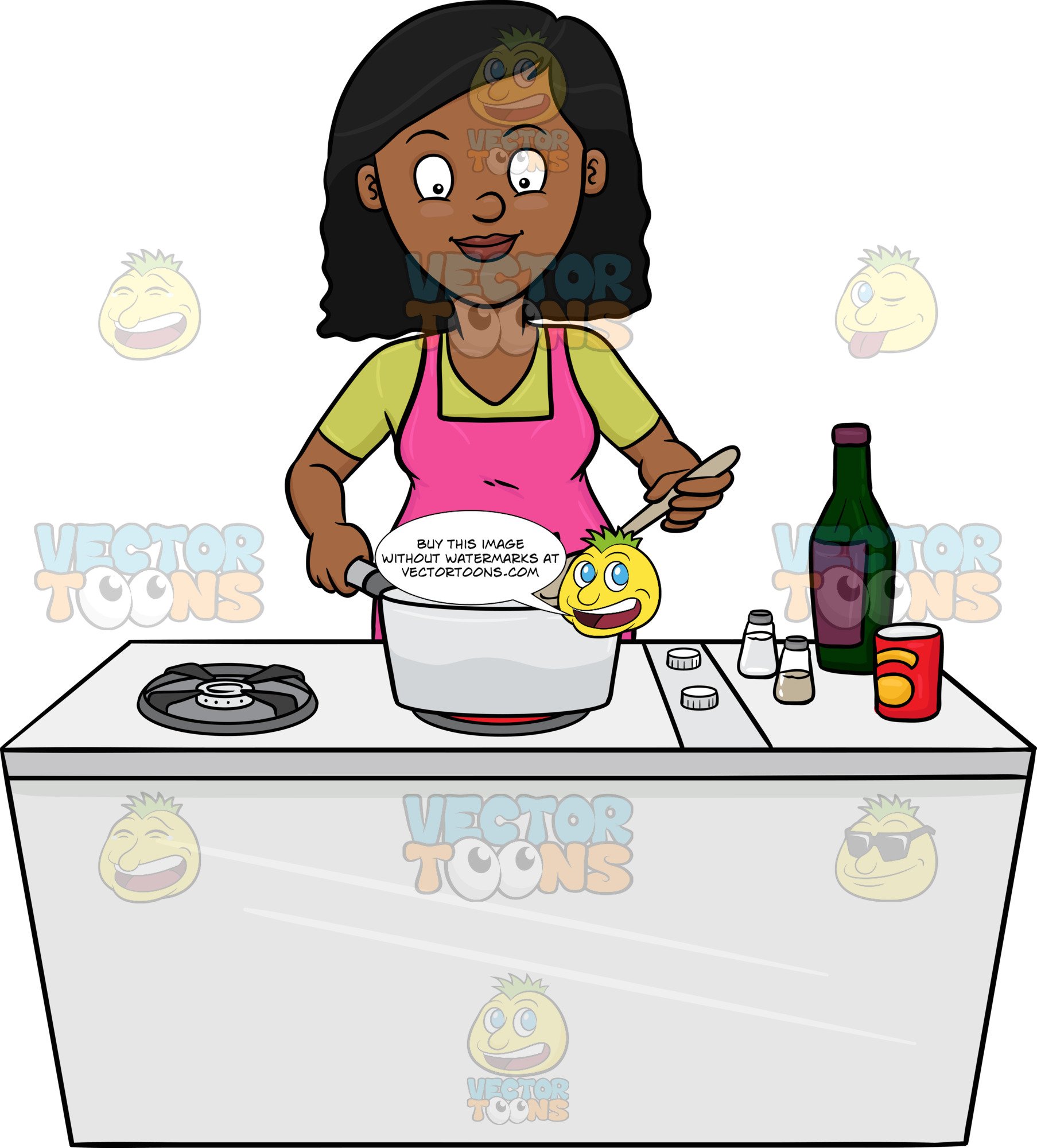 A Black Woman Looks Happy At The Yummy Dish She Is Cooking.