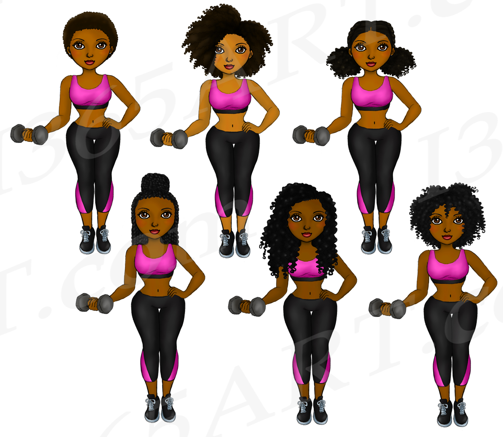 Natural Hair Black Fitness Girls Clipart Workout Fashion.
