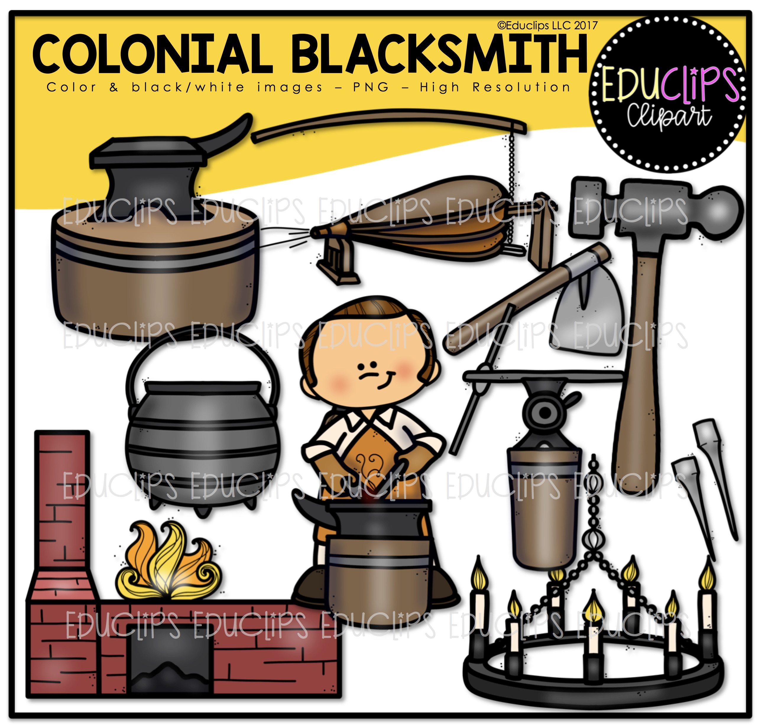 Colonial Blacksmith Clip Art Bundle (Color and B&W).