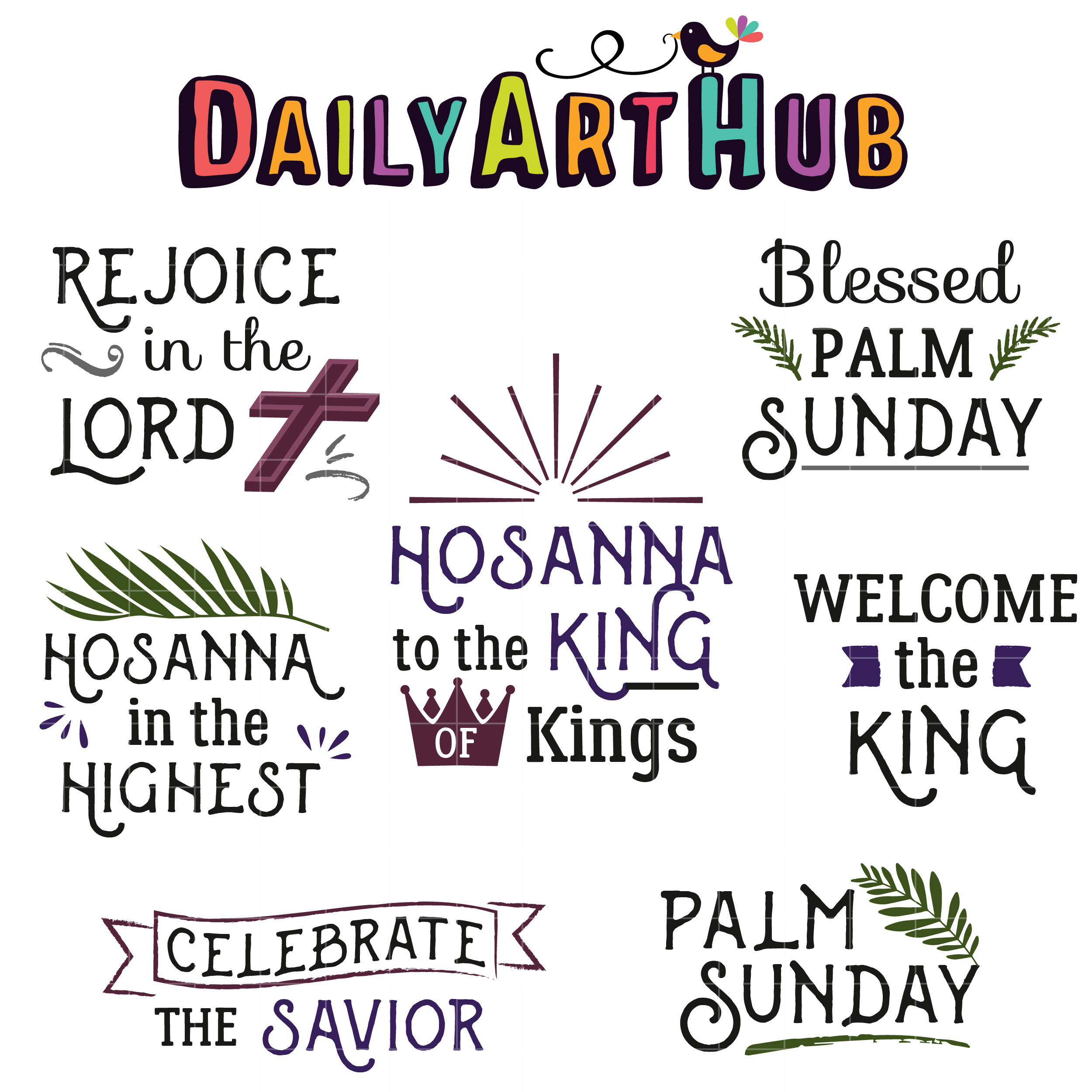 Blessed Palm Sunday Quotes Clip Art Set.