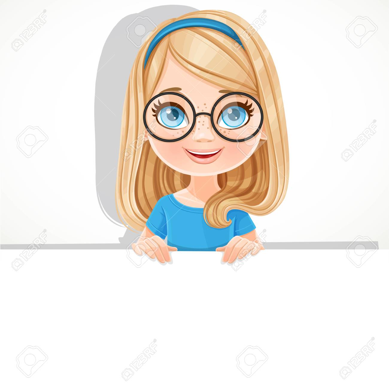 Cute blond girl in glasses holds a large white horizontal banner...