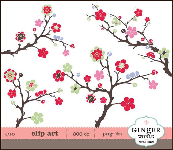 Cherry Flower clipart, Sakura Clip art, flower on branch clipart.